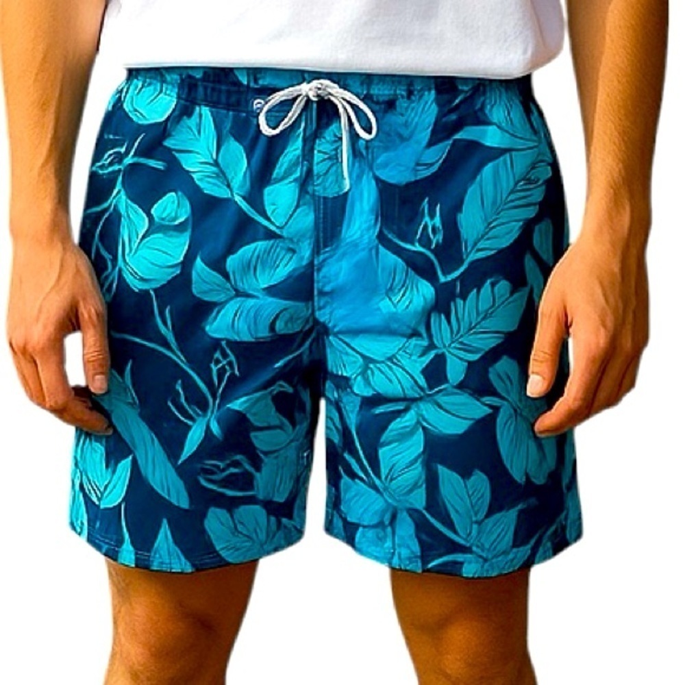 Roundtree & Yorke Big & Tall Palm Leaf Swim Shorts 21” Black Blue Size 2XB